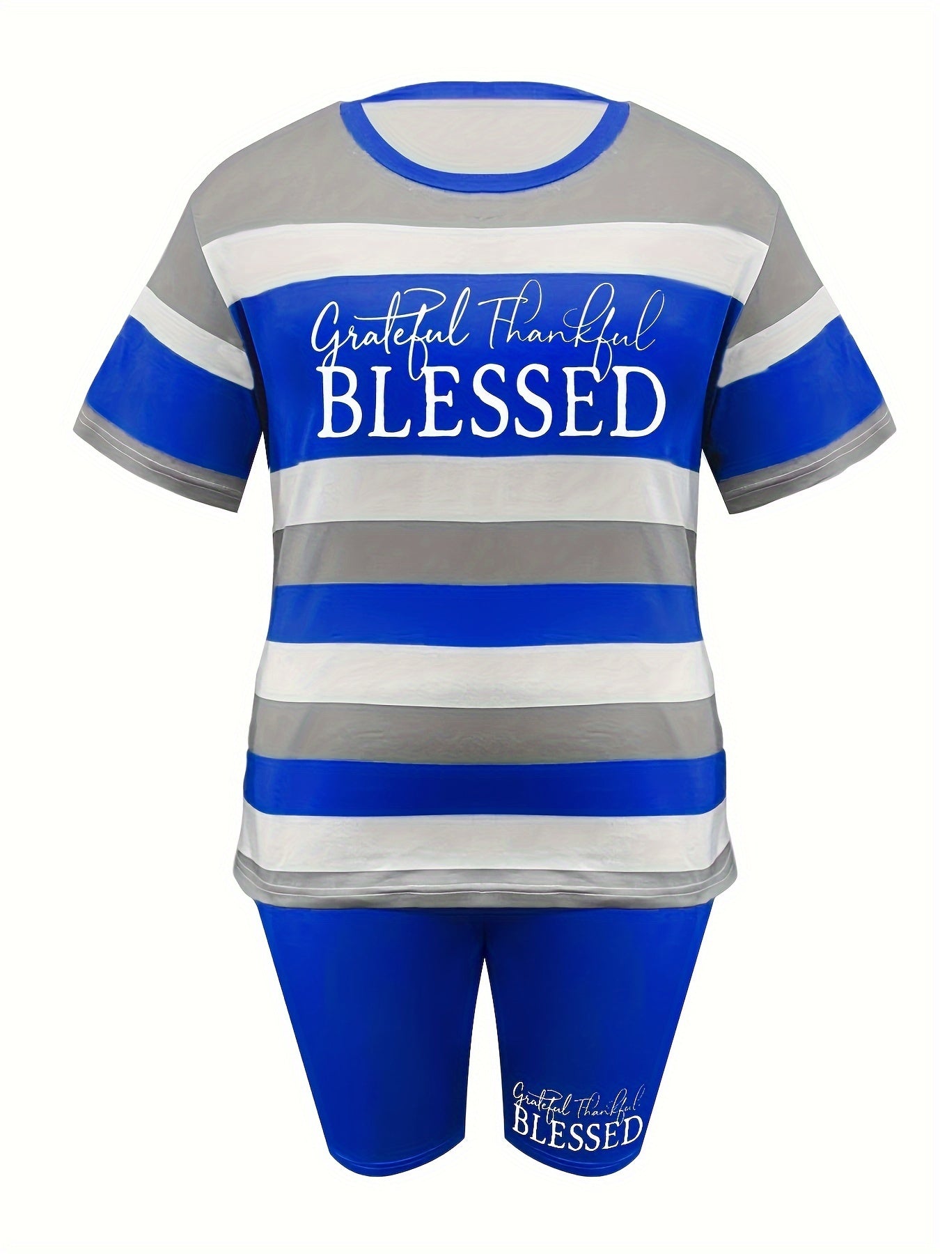 Plus Size BLESSED Print Biker Shorts Set, Striped Short Sleeve Crew Neck T-shirt & Pocket Biker Shorts, Women's Plus Size Clothing