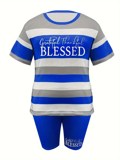 Plus Size BLESSED Print Biker Shorts Set, Striped Short Sleeve Crew Neck T-shirt & Pocket Biker Shorts, Women's Plus Size Clothing