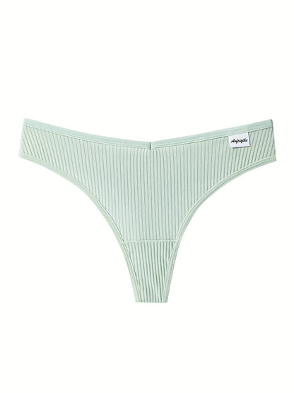 8pcs Solid Ribbed Label Patched Thongs, Sexy Comfy Breathable Stretchy Intimates Panties, Women'S Lingerie & Underwear