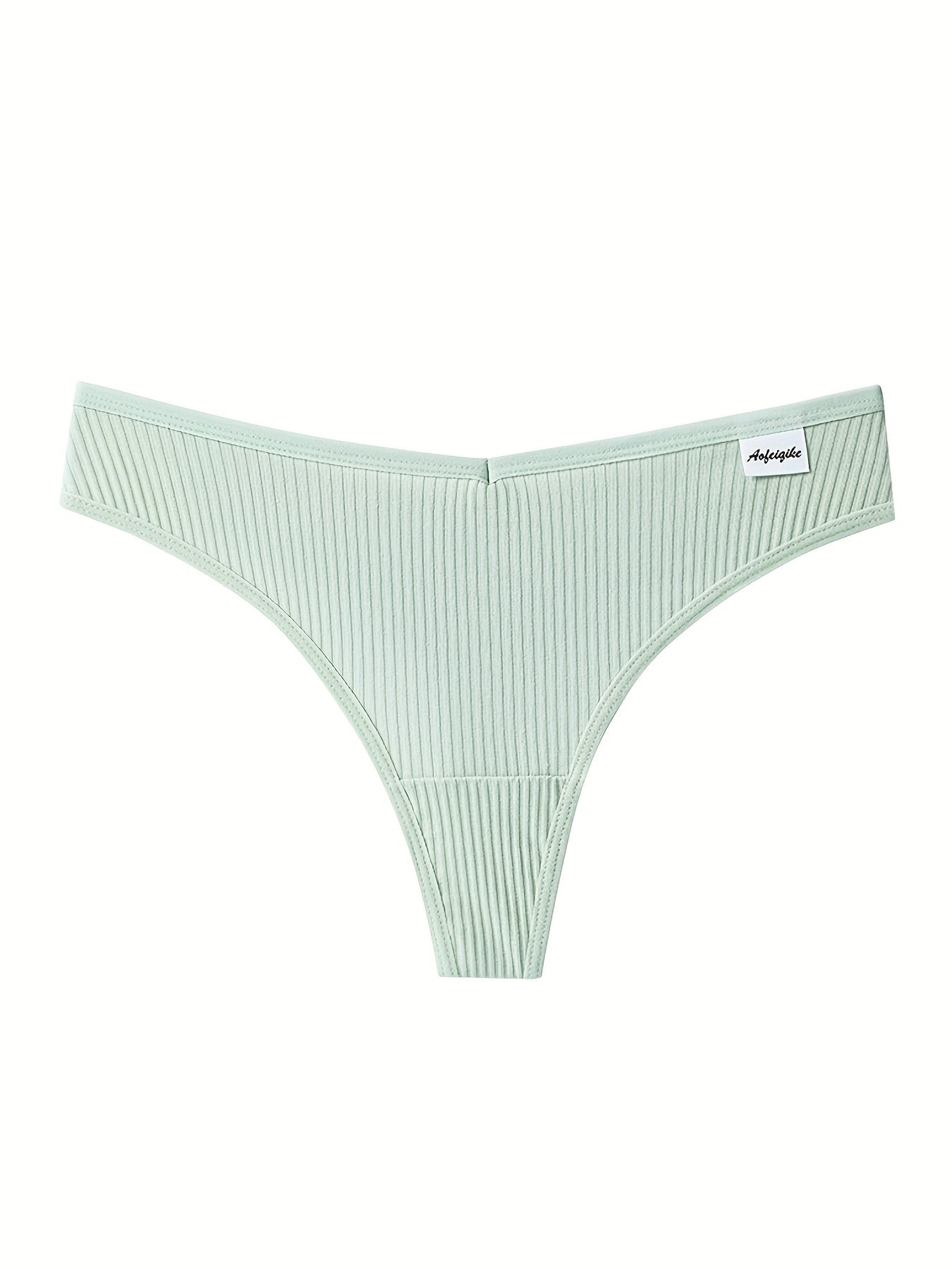 8pcs Solid Ribbed Label Patched Thongs, Sexy Comfy Breathable Stretchy Intimates Panties, Women'S Lingerie & Underwear