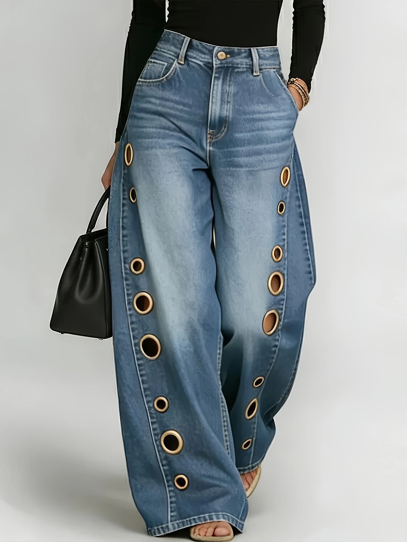 [Retro Denim Jeans] New Retro Style Denim Jeans for Women, With Metal Eyelets Designed for Casual And Loose Fit, High Waisted And Wide Leg Jeans, Street Cool Women's Clothing, Black Retro Blue Light Blue Women's Straight Leg Denim Pants
