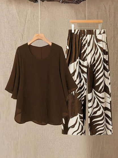 Plus Size - Plus Size - 2pcs Plus Size Women Set: Chiffon Batwing Sleeve Top And Plant Print Long Pants