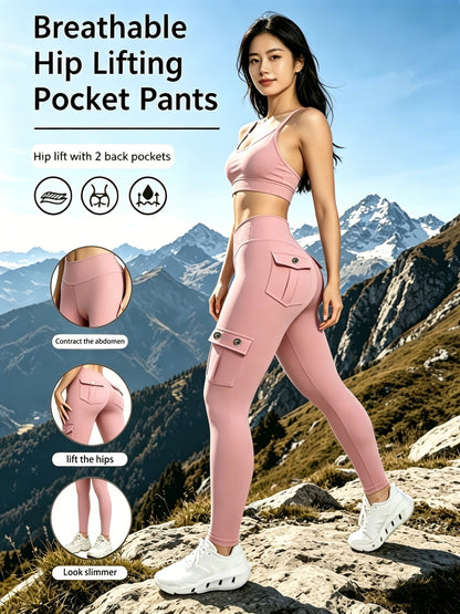 High-elastic Tight Nine-inch Pants, Hip-lifting Fitness Pants, High-waisted And Belt-cinching Yoga Pants With Pockets, Outdoor Running Sports Pants