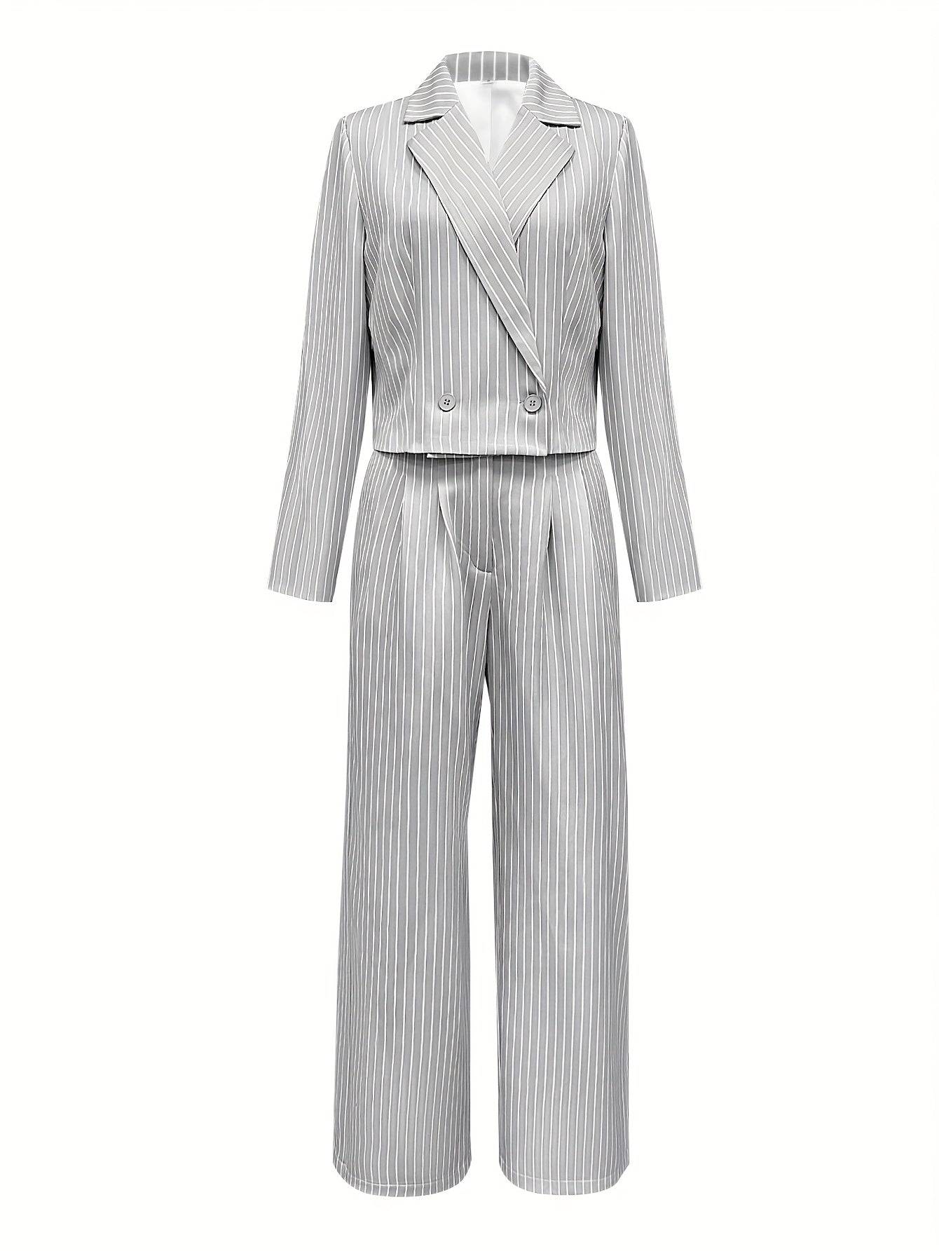 Women'S Elegant Striped Two-Piece Suit - Casual Business Attire, White And Gray, Perfect for Spring/Fall, Casual Business Attire|Striped Pattern|