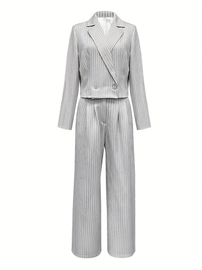 Women'S Elegant Striped Two-Piece Suit - Casual Business Attire, White And Gray, Perfect for Spring/Fall, Casual Business Attire|Striped Pattern|