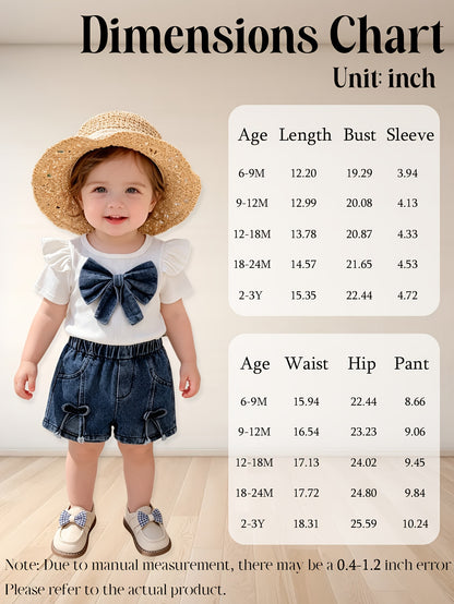 New 2pcs Baby Girls Set with 3D Flower And Bow Flutter Sleeve Top And Denim Shorts, Lightweight Breathable, Suitable for Daily School Outdoor Outings And Summer Outdoor Sports And Leisure for Girls, for Outdoor