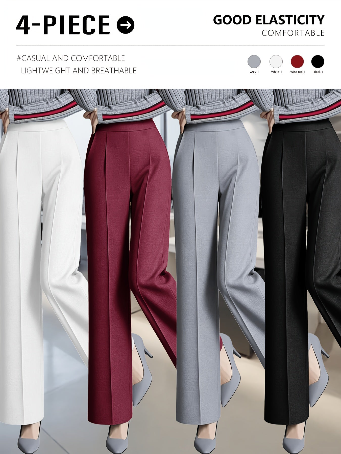 4 Pack, Dress Pants for Women Women'S High Waisted Wide Leg Business Casual Trousers with Pockets, Stretchy Comfortable Work Pants for Office, Commute, Daily Wear, Skin-Friendly Seamless Ladies Straight Leg Pa 4-Way Stretch Women'S Suit Pants