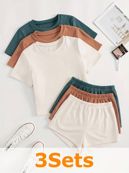 Three-piece Set Of Multi-color And Style Velvet Fabric Women'S Casual Short-sleeved Top And Shorts For Home