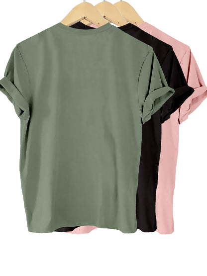 3pcs Pack Solid Color 100% T-Shirt, Summer And Spring Short Sleeve Crew Neck Casual Top, Women'S Clothing