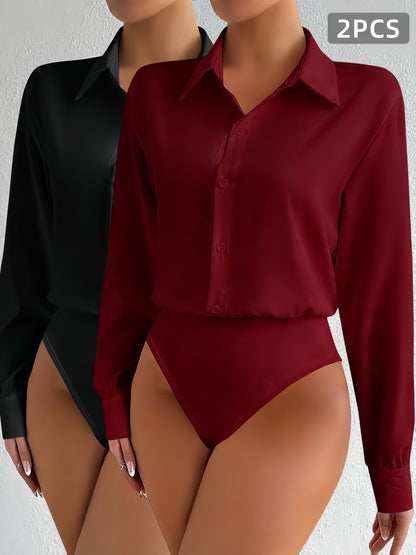 2pcs Women's Elegant Collar Button-Up Jumpsuit Suit - Solid Color Professional Blouse Top for Commuting, Office & Casual Wear, - Versatile Daily Shirt, Hand Washable (No Transparency) for to Outfits
