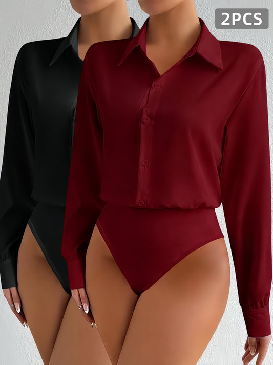 2pcs Women's Elegant Collar Button-Up Jumpsuit Suit - Solid Color Professional Blouse Top for Commuting, Office & Casual Wear, - Versatile Daily Shirt, Hand Washable (No Transparency) for to Outfits