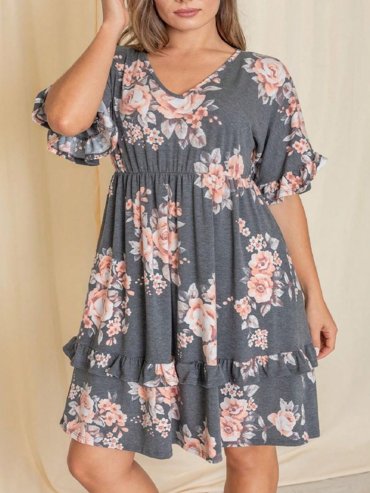 Vintage Boho Navy Pink Yellow White Charcoal Floral Ruffle flutter Trim Midi Dress S-3X