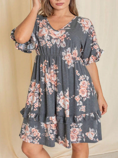 Vintage Boho Navy Pink Yellow White Charcoal Floral Ruffle flutter Trim Midi Dress S-3X