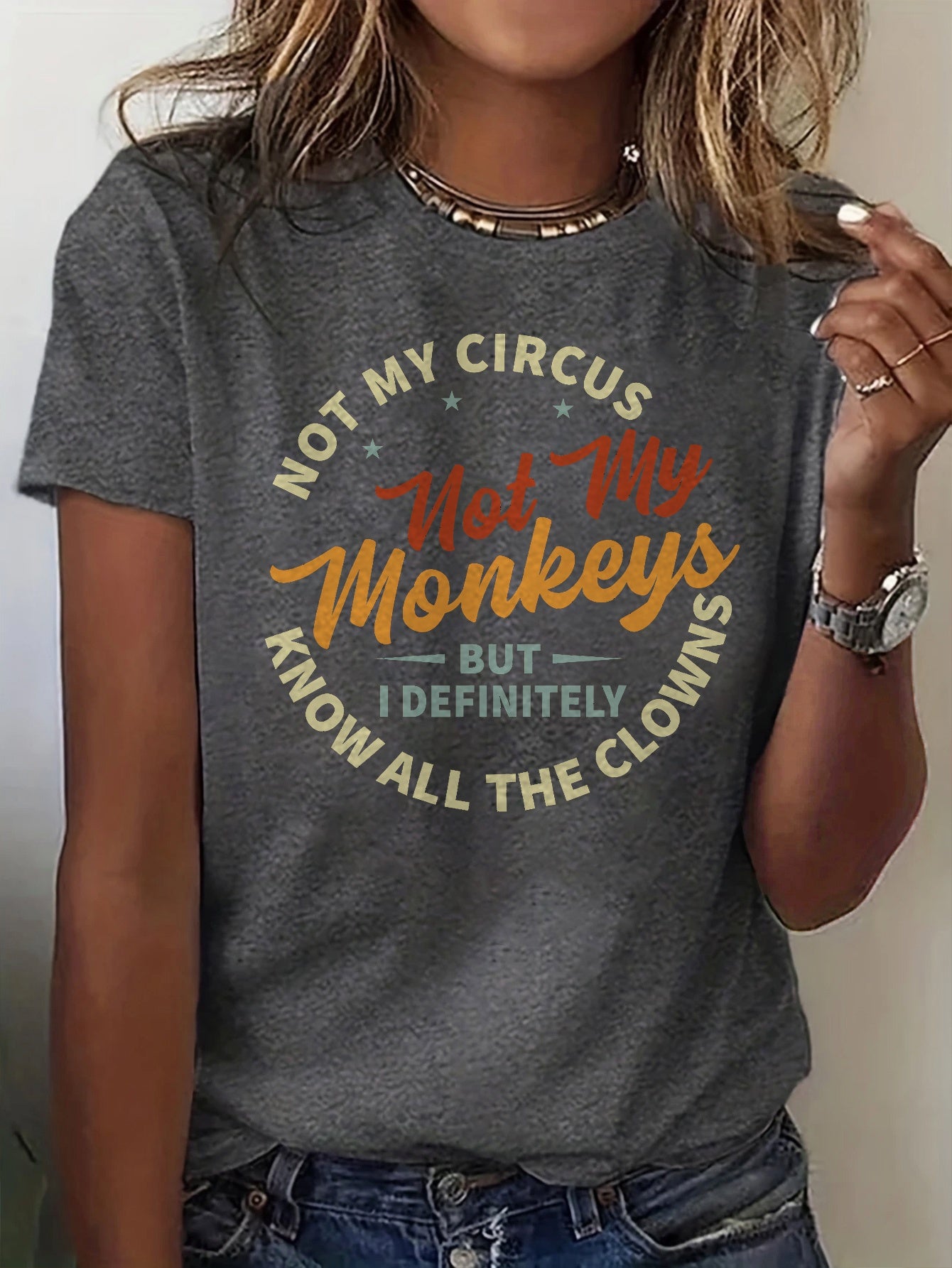 Women'S "Not My Circus, Not My Monkeys" Graphic T-Shirt - Soft, Light Beige-Friendly, Casual & Sporty Round Neck Short Sleeve Top, Versatile All-Season Tee with Bold Orange Lettering, Ladies T Shirts