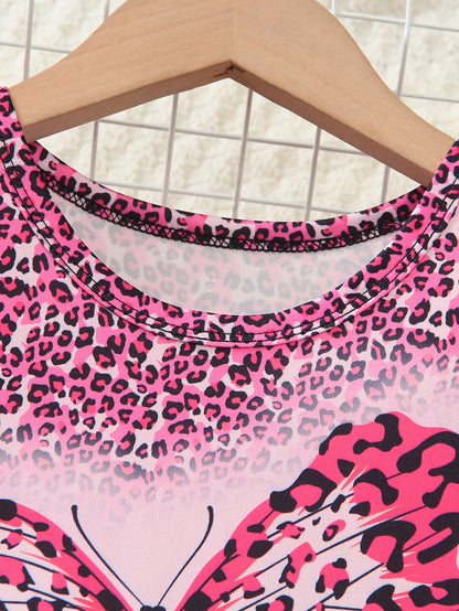 Girls' 2pcs Set Long Sleeve Top and Jeggings with Butterfly & Leopard Print, Crew Neck Pullover, Regular Fit Knit Polyester 95% with 5% Elastane, Long Length, for Spring/Fall Casual Wear, for Outdoor, Perfect for Outdoor