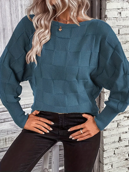Checkered Pattern Boat Neck Batwing Long Sleeve Casual Holiday Business Commuting Warm Autumn Winter Fashion Women'S Top