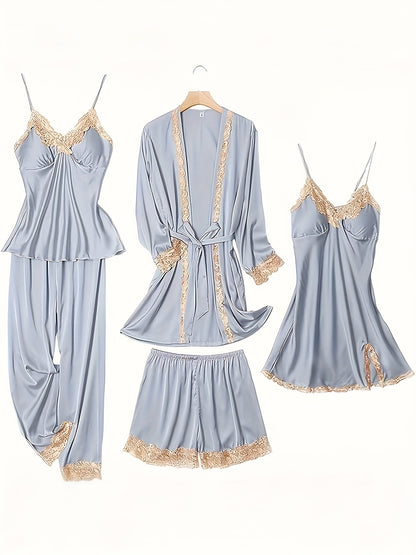 5pcs Set of Women'S Lace Sleepwear, Featuring a Charming Pajama, Casual Satin Outfit That Is Loose, Cozy, And Soft. The Set Includes a Robe, a Strap Skirt, a Short Tank Top, Shorts, And Pants