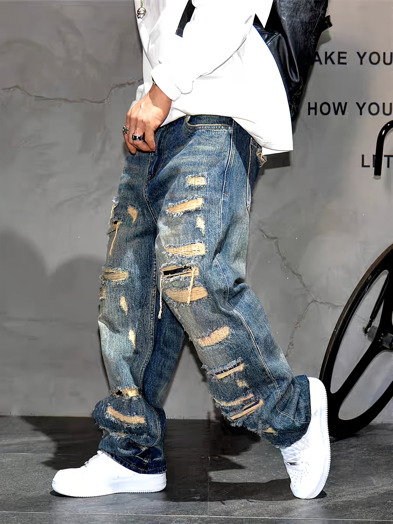 American Style High Street Patch, Wide Leg Jeans with Holes, Men's Fashion, Rugged And Stylish, Loose Design, Straight Leg Pants, Men's Fashion