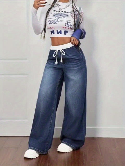 Women's Plus Size Blue Denim Pants - Whisker Details, Panel, Elastic Waist with Drawstring, Wide-Leg | High-Waisted, Slim-Fitting & Figure-Flattering | Retro Street & Casual Sporty Style | Versatile for All Seasons