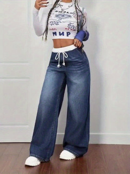 Women's Plus Size Blue Denim Pants - Whisker Details, Panel, Elastic Waist with Drawstring, Wide-Leg | High-Waisted, Slim-Fitting & Figure-Flattering | Retro Street & Casual Sporty Style | Versatile for All Seasons