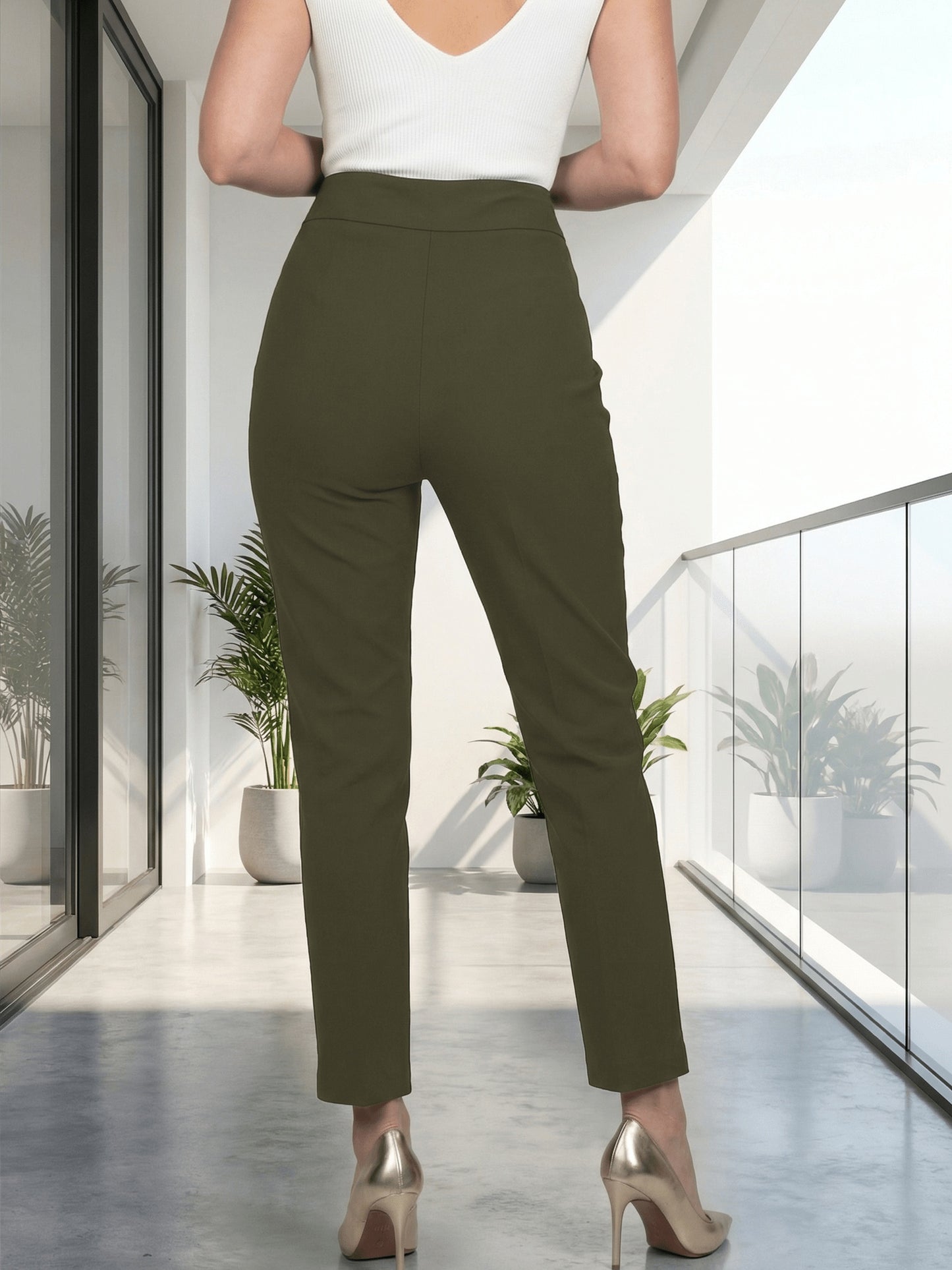 Women's High Waisted Stretch Slim Fit Cropped Trousers, Office Casual Work Pants with Metal Detail