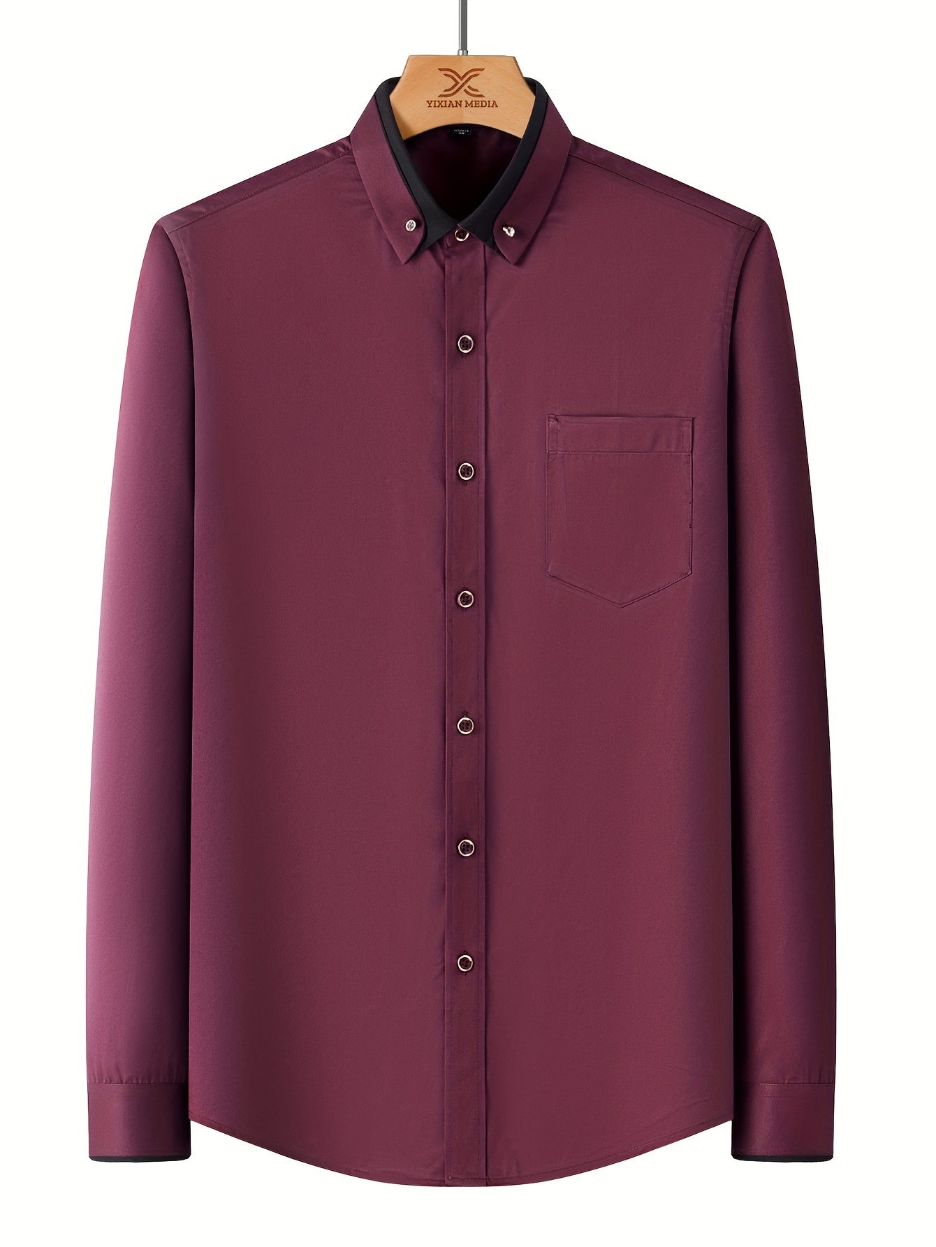 Color Block Fold-Up Collar Crystal Buckle Formal Shirt Men'S Long Sleeve Contrast Color Stretch Iron-Free Business Casual Top with Loan Fashion Cardigan Shirt
