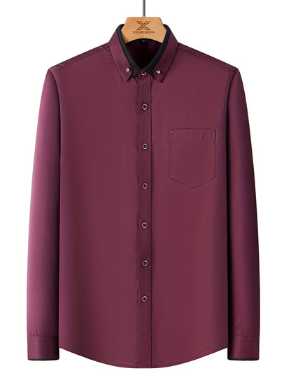 Color Block Fold-Up Collar Crystal Buckle Formal Shirt Men'S Long Sleeve Contrast Color Stretch Iron-Free Business Casual Top with Loan Fashion Cardigan Shirt
