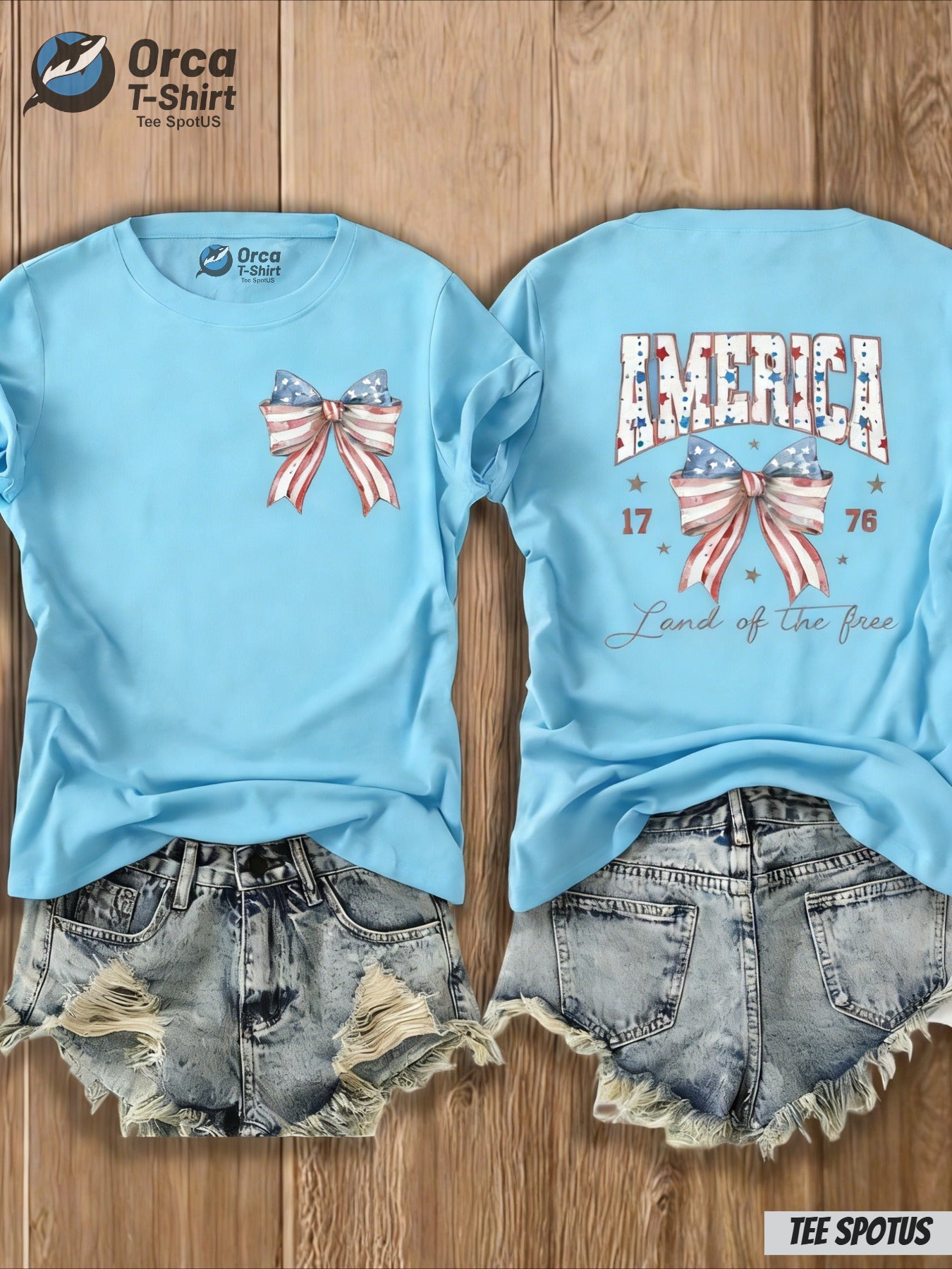 Women's America "Land of the Free" Bow & Flag Print T-Shirt - 4th of July Outfit, Casual Crew Neck Top with Map Design Suitable for Spring Summer, Gift (Local Shipping)