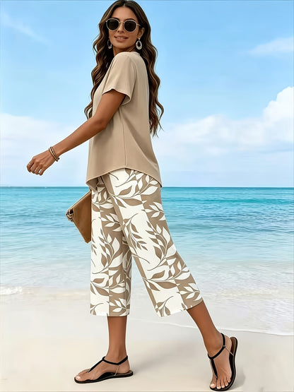 Women'S Spring/Summer Casual Two-Piece Set: Short Sleeve Round Neck Top with 7/8 Wide-Leg Pants, Loose Comfortable, Versatile for Daily Outings, Home, And Commuting