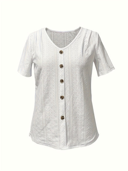Short-Sleeved T-Shirt for Women with Button Embellishments, Featuring a Stylish Solid Color V-Neck, Made from Breathable with High Elasticity, And a Semi-Transparent Jacquard Design, Perfect for Spring And Summer