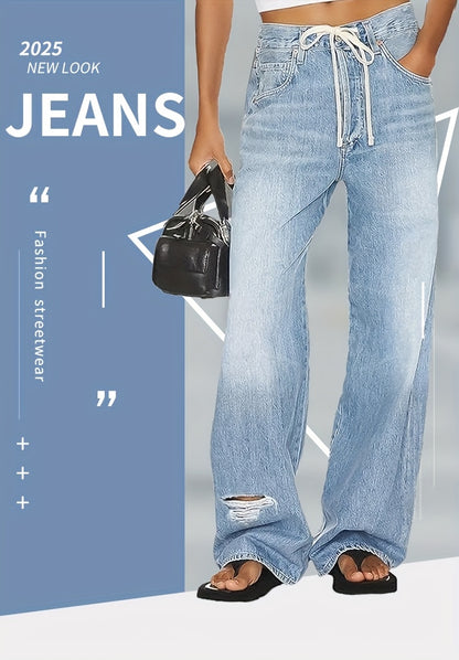 Women'S Wide Leg Mid-Waist Casual Drawstring Hollowed Out Jeans with Pockets, Comfortable And Versatile, Casual And Fashionable, Very Suitable for Work, Travel, Shopping And Daily Wear