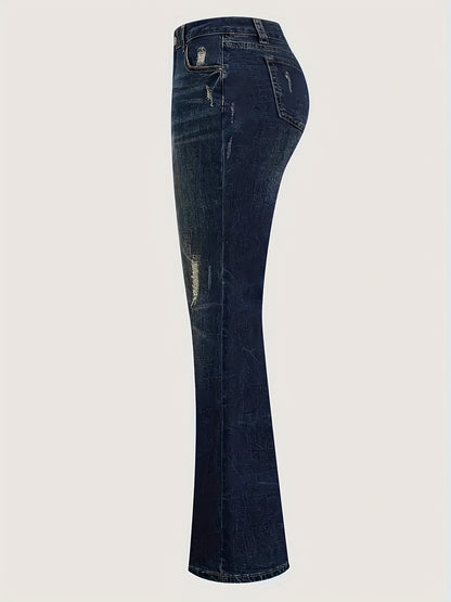 Retro-Inspired Denim Trousers in a Deep Blue Wash, Featuring a Slightly Flared Cut for Women. These Versatile Pants Are Perfect for Any Season, Made from Elastic Fabric for a Comfortable Fit That Enhances The Hips