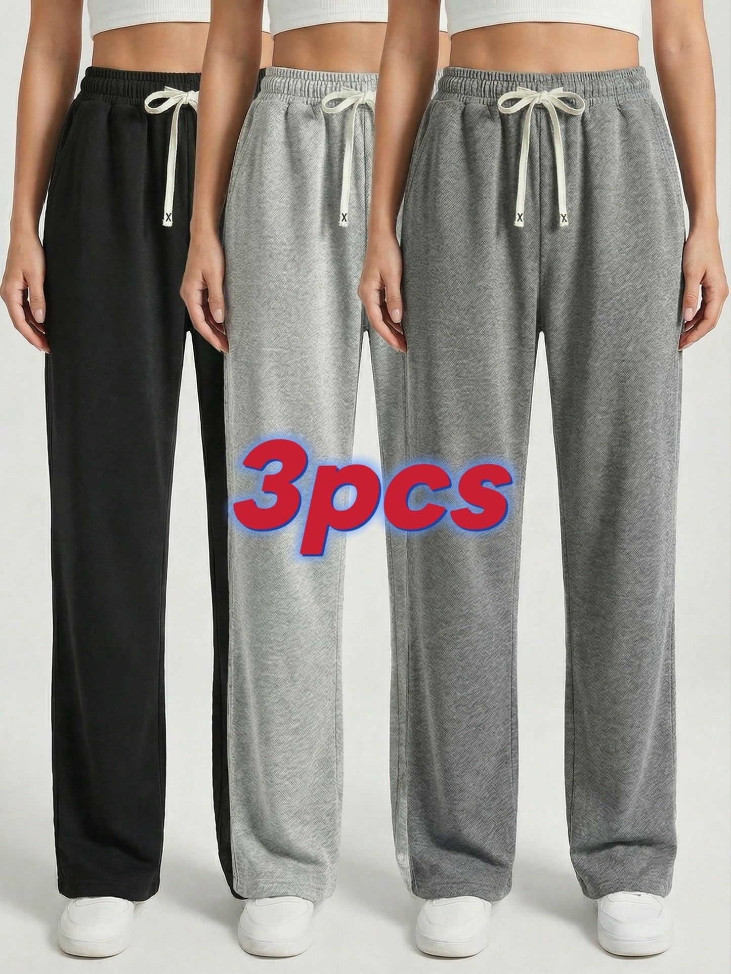 Three-Pack Of All-Season Trendy Versatile Pants [Soft Sweatpants] [Runs Large, Recommend Ordering One Size Down] Women's Soft Sweatpants - Loose Fit, Elastic Drawstring Waistband, Two Side Pockets - Machine Washable, S Bracelet Included.
