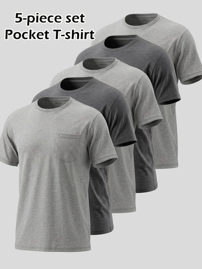 5pcs Men Unisex 100 Cotton Pocket T Shirts Short Sleeve Crew Neck Loose Fit Solid - product view 3