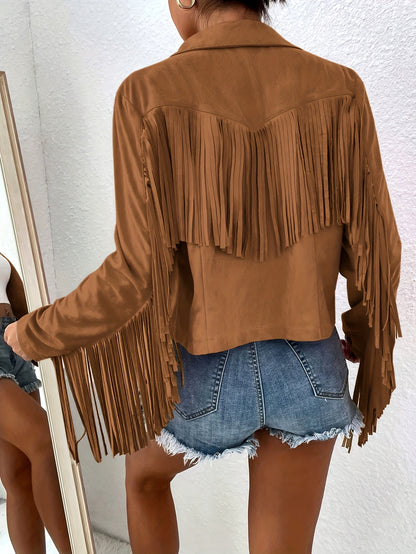 Elegant Women'S Tassel Jacket - Solid Color, V-Neck, Loose Fit for Spring/Fall, Machine Washable