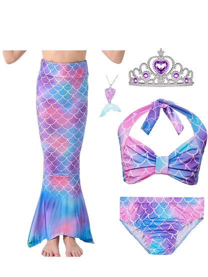 5-Piece Mermaid Tail Costume Princess Mermaid Outfit, Mermaid Dress Halloween Costume for Kids, Cosplay Clothes, Girls' Clearance Sale, Christmas Outfits Sets, Halloween Disguise for Girls