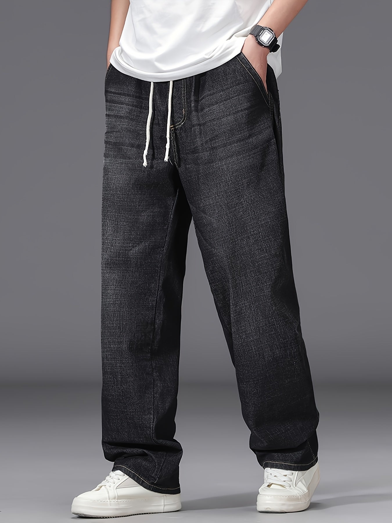 Large Size Jeans Men's Straight Leg Loose Fit Elastic Pants with Added And Extra Pants Elastic Waist Men's Simple And Versatile Denim Pants Men's Jeans Four Season Style, PLUS SIZE