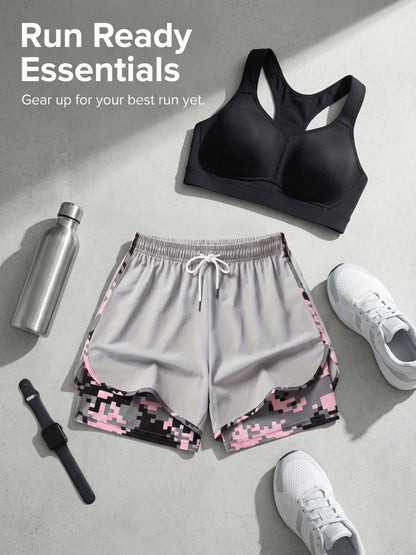 Three Pairs Of Women'S Summer Shorts, Double-layered Two-in-one Design, Camouflage Pattern, Breathable And Quick-drying, Drawstring Elastic Waistband, Side Mesh Pockets, Non-stretch Fabric, Sporty And Casual Style.