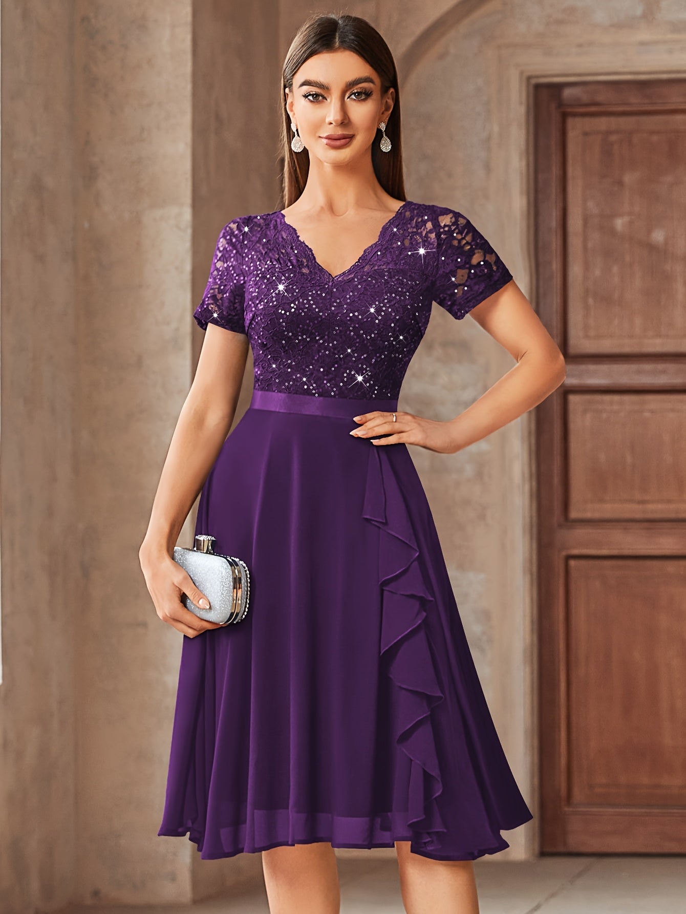 24224 Elegant Womens Sequin Lace Chiffon A Line Bridesmaid Dress, V Neck Short Sleeves, Ruched Ruffle Hem, Perfect for Graduation Season, Wedding Season, Summer Wedding Guest, Evening Party, Cruise Party And Birthday Celebration