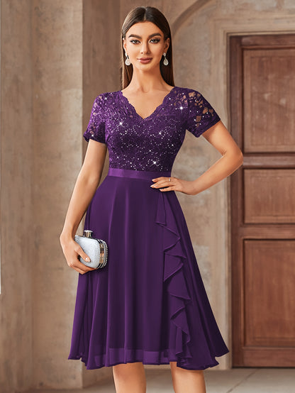 24224 Elegant Womens Sequin Lace Chiffon A Line Bridesmaid Dress, V Neck Short Sleeves, Ruched Ruffle Hem, Perfect for Graduation Season, Wedding Season, Summer Wedding Guest, Evening Party, Cruise Party And Birthday Celebration