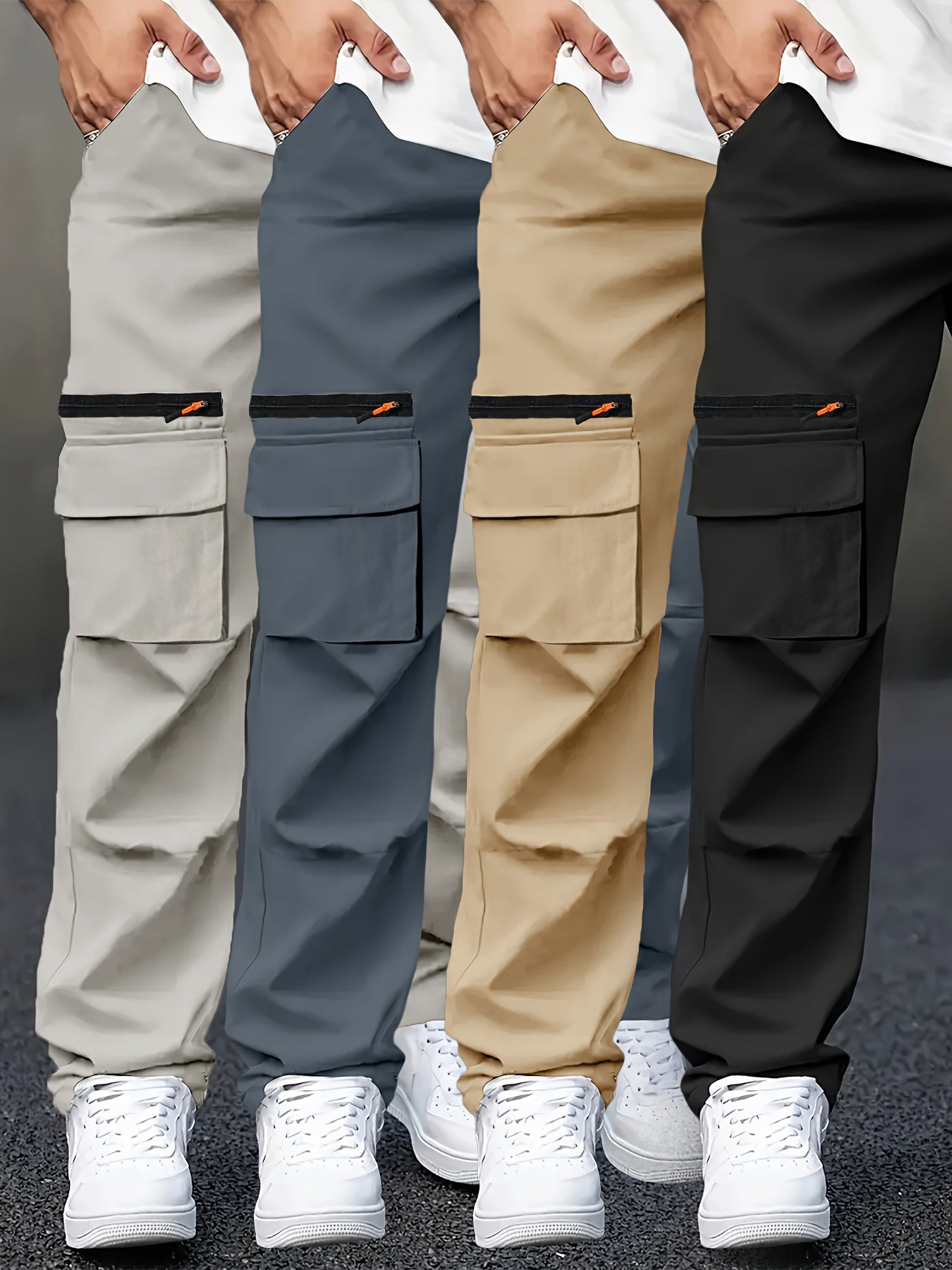 Set of 4 Men'S Long Pants with Cinched Waist And Multiple Pockets, Ideal for Outdoor Work Year-Round.