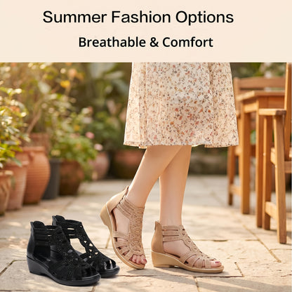 Summer 2025 Women's Chunky Gladiator Sandals | Cloud Comfort Footbed & Arch Support | Boho Strappy Design In Sizes US 6-10.5 (Euro 35-43) - Outdoor Beach to Street Shoes Black/Golden Women Shoes