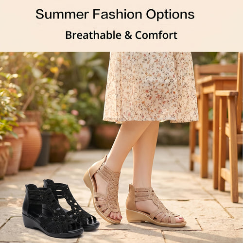 Summer 2025 Women's Chunky Gladiator Sandals | Cloud Comfort Footbed & Arch Support | Boho Strappy Design In Sizes US 6-10.5 (Euro 35-43) - Outdoor Beach to Street Shoes Black/Golden Women Shoes
