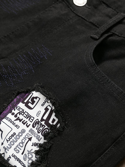 Men'S Ripped And Patched Hip Hop Skinny Washed Denim Jeans, Spring Summer Outdoor, Street Style