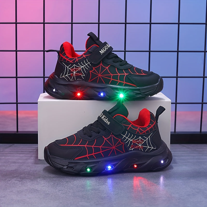 MGO KIDSS Spring And Autumn New Spider Mesh Luminous Shoes Shoes Light Shoes Light Shoes Boys Running Shoes Casual Shoes Big Children Primary School Students Boys Sports Shoes Boys Shoes 1-3-6- Can Wear Red/Blue/Black