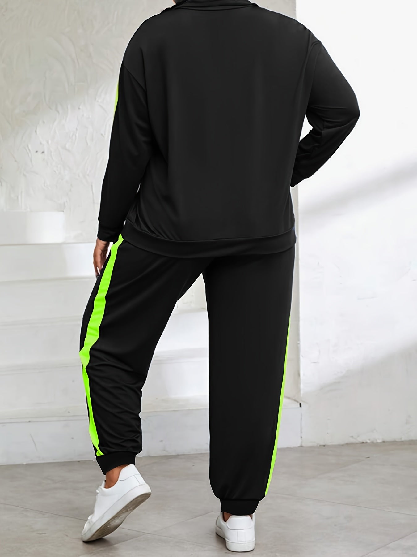 Plus Size, Plus Size Women's Spring And Autumn Contrast Color Casual Suit, Half Zip Pullover Long Sleeve Top And Trousers Two-Piece Set