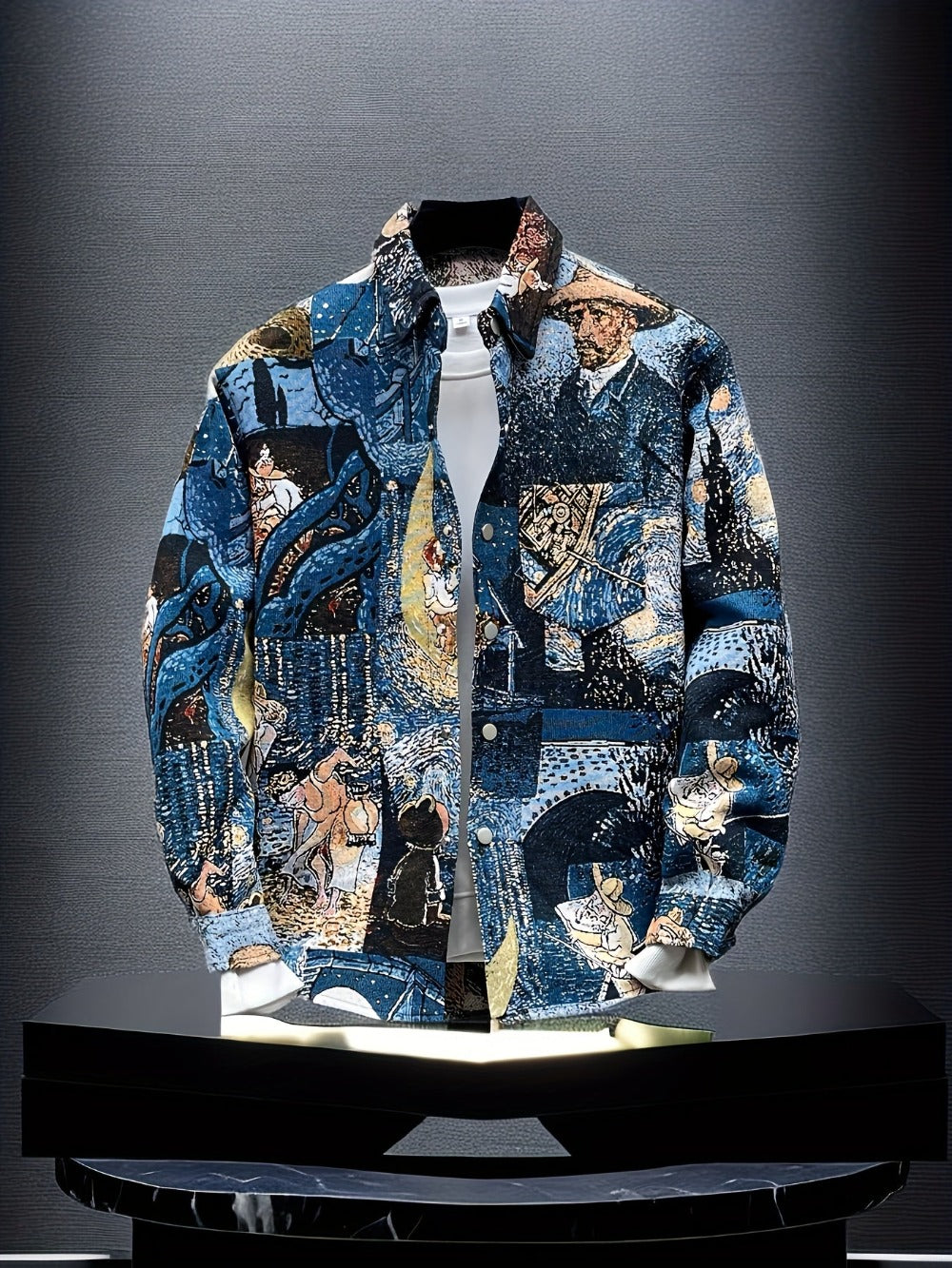 Men's Art Print Slim Fit Long Sleeve Dress Shirt - Stretch
