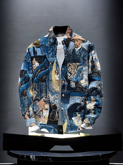 Men's Art Print Slim Fit Long Sleeve Dress Shirt - Stretch