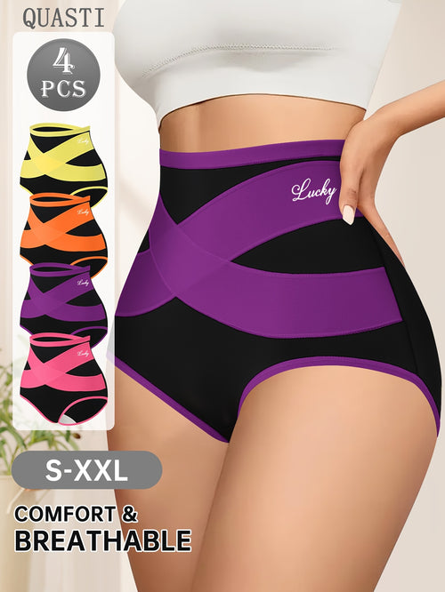 4pcs Women's High-Waisted Tummy Underwear - Shaping Panties with Cross Waistband, Breathable Mesh Wrap-Around Belly, Polyester-Spandex Blend Suitable for Home Daily Wear, Elegant Color-Blocking Shaping Panties