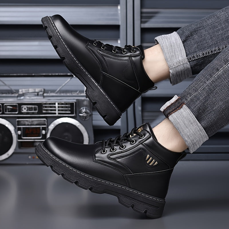 Men's Mid-Top Work Boots - Lace-Up Design, Durable Upper, Decorative Metal Accent, Non-Slip Lug Sole, Footwear for Work & Outdoor Activities